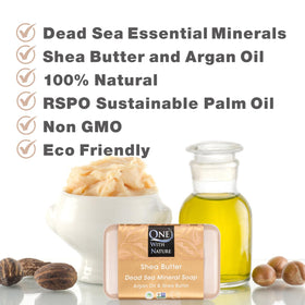 Minerals close-up in One With Nature Dead Sea Salt Shea Butter Soap illustration.