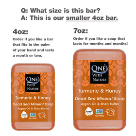 One With Nature Dead Sea Salt Turmeric Soap bar close-up showing mineral texture for cleansing.
