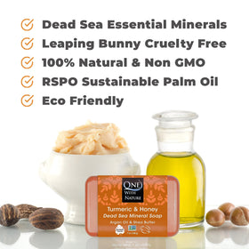 One With Nature Dead Sea Salt Turmeric Soap ingredients list shows shea butter and argan oil.