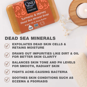 One With Nature Dead Sea Salt Turmeric Soap lather shot illustrating gentle exfoliation.
