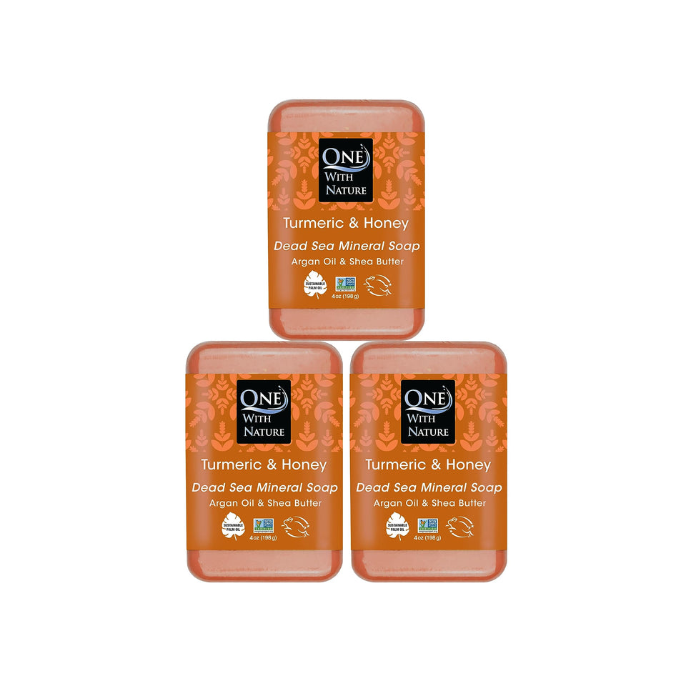 One With Nature Dead Sea Salt Turmeric Soap packaging view with eco-friendly design.