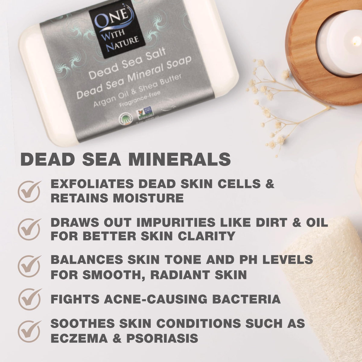 One With Nature Dead Sea Salt soap close-up with mineral exfoliation benefits