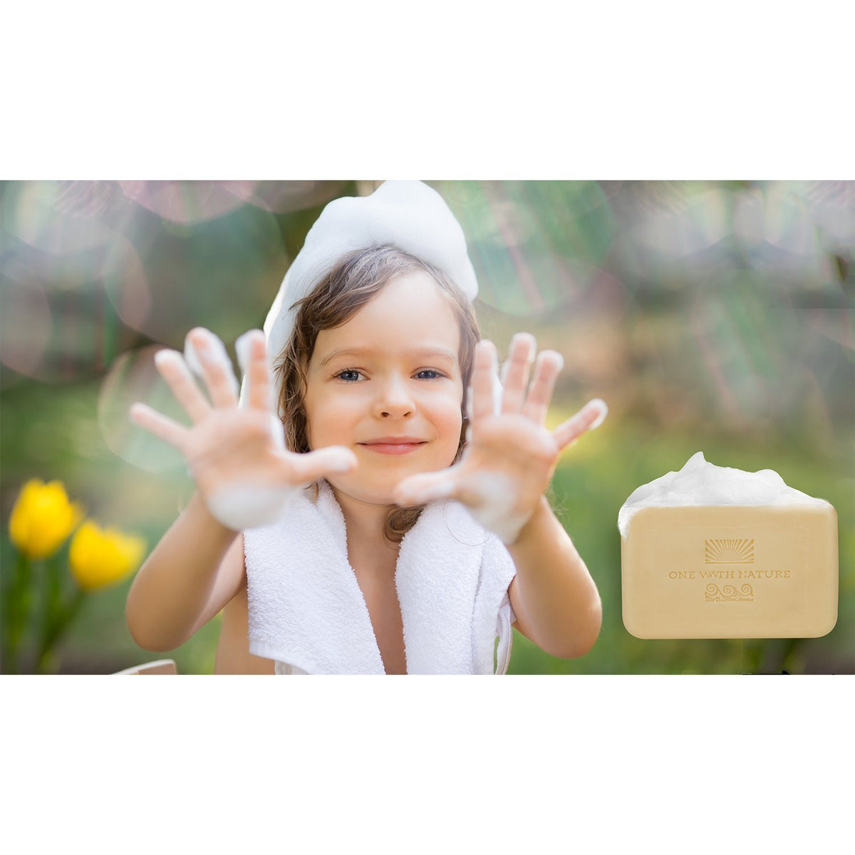 One With Nature natural cleansing bar shows pure vegetable base and mineral blend.