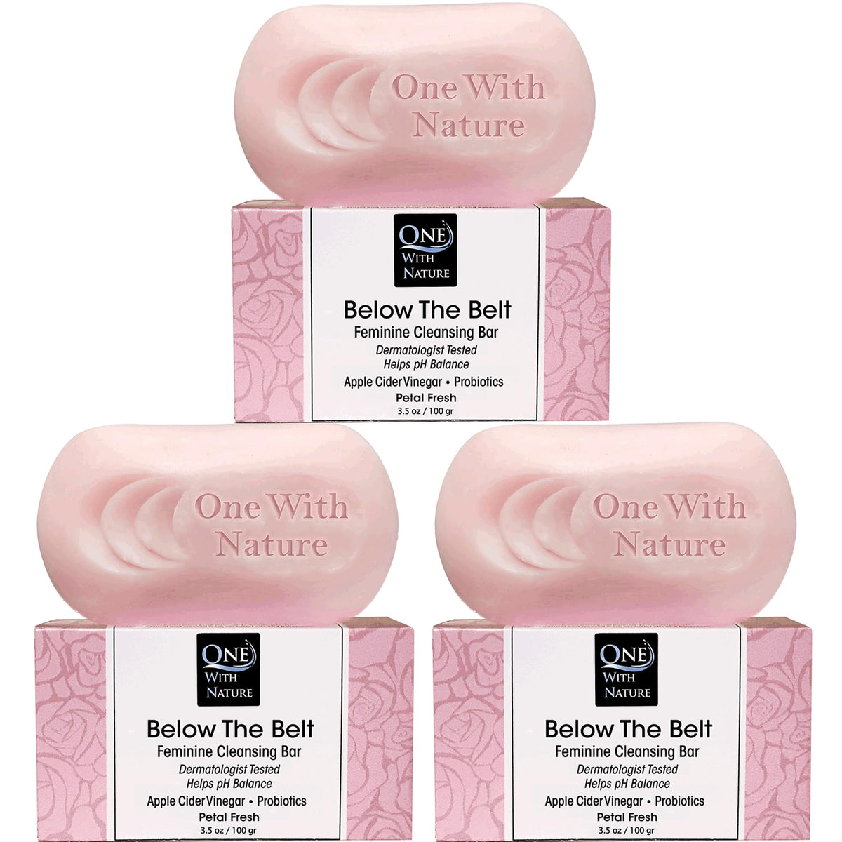One With Nature front packaging showing three rose petal fresh bars and eco benefits