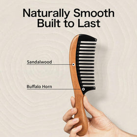 Onedor buffalo horn wide-tooth designed to minimize hair snagging during styling.