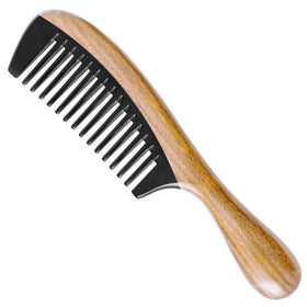 Onedor buffalo horn wide-tooth comb with green sandalwood handle for gentle detangling.