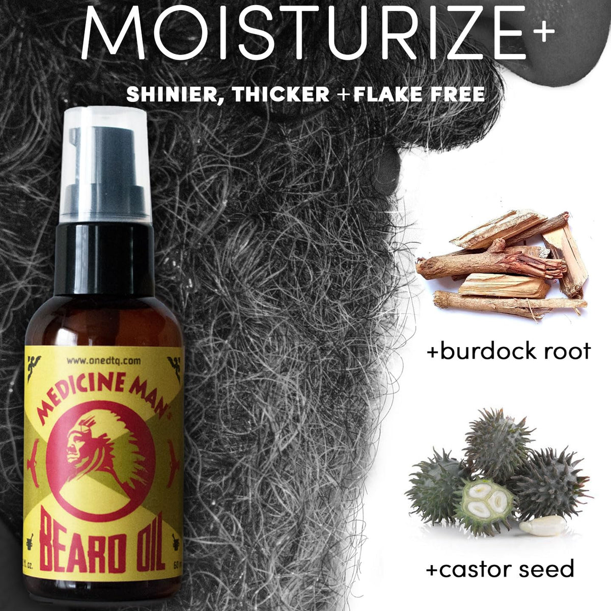 OneDTQ Medicine Man's Anti-itch Beard Oil ingredients and purity label close-up.