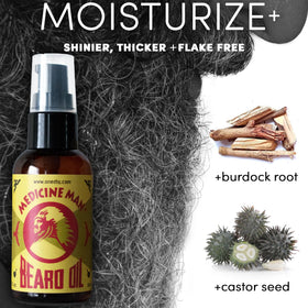 OneDTQ Medicine Man's Anti-itch Beard Oil ingredients and purity label close-up.