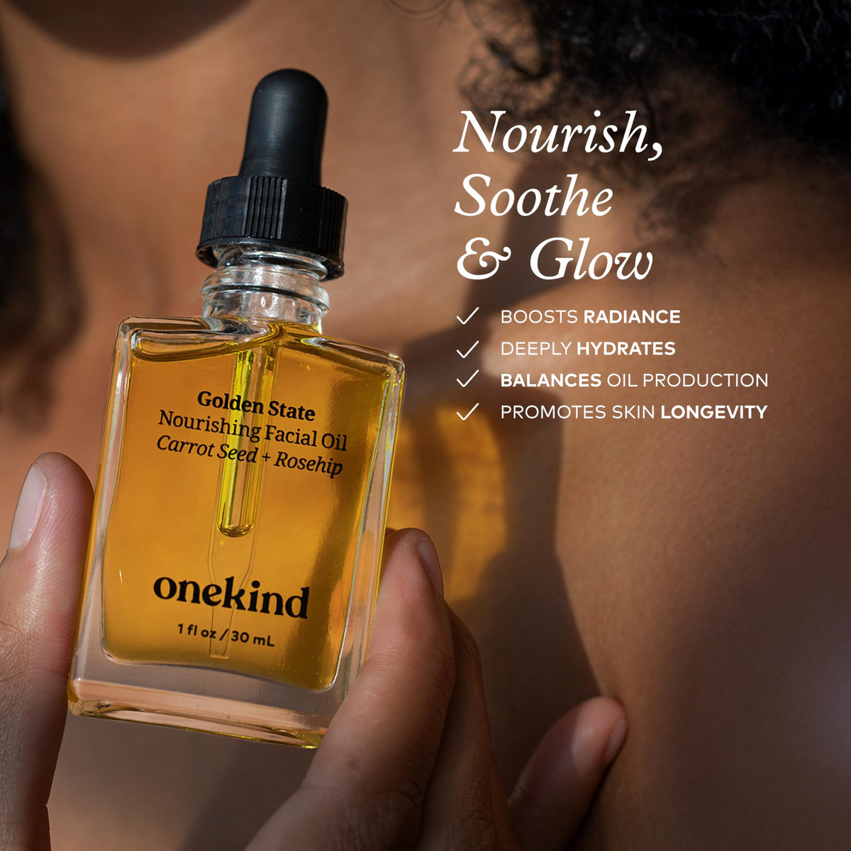 Dropper releasing a silky oil for quick absorption.