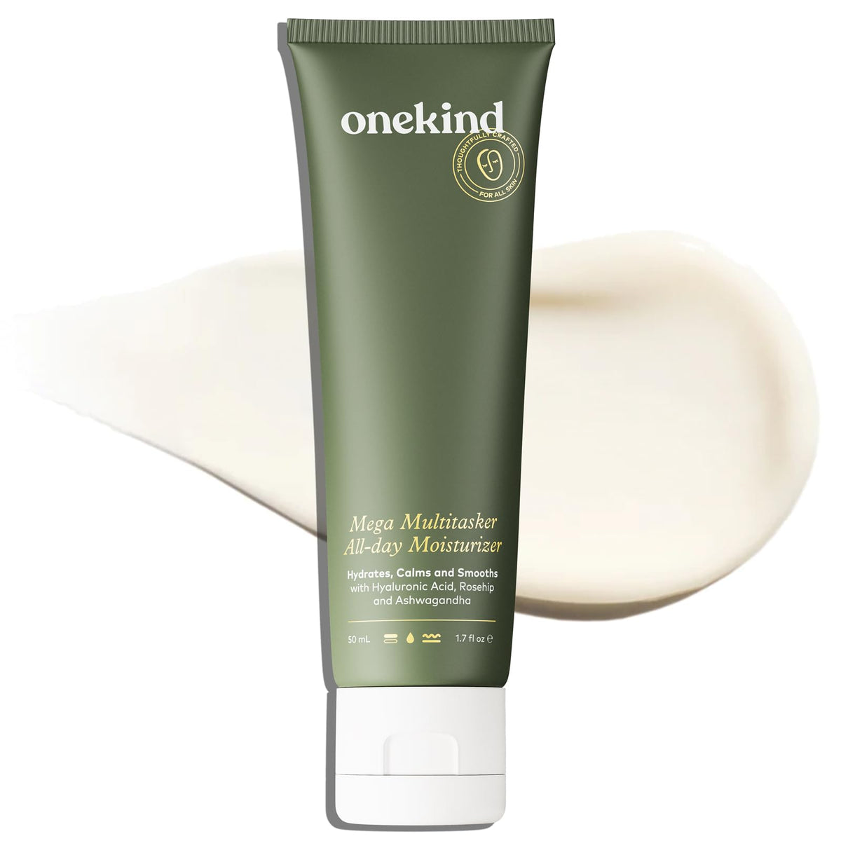 Onekind Mega Multitasker cream jar close-up highlighting rich hydration for daily moisture.
