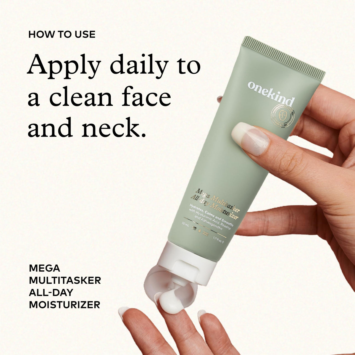 Onekind Mega Multitasker jar with hyaluronic acid and glycerin icons.