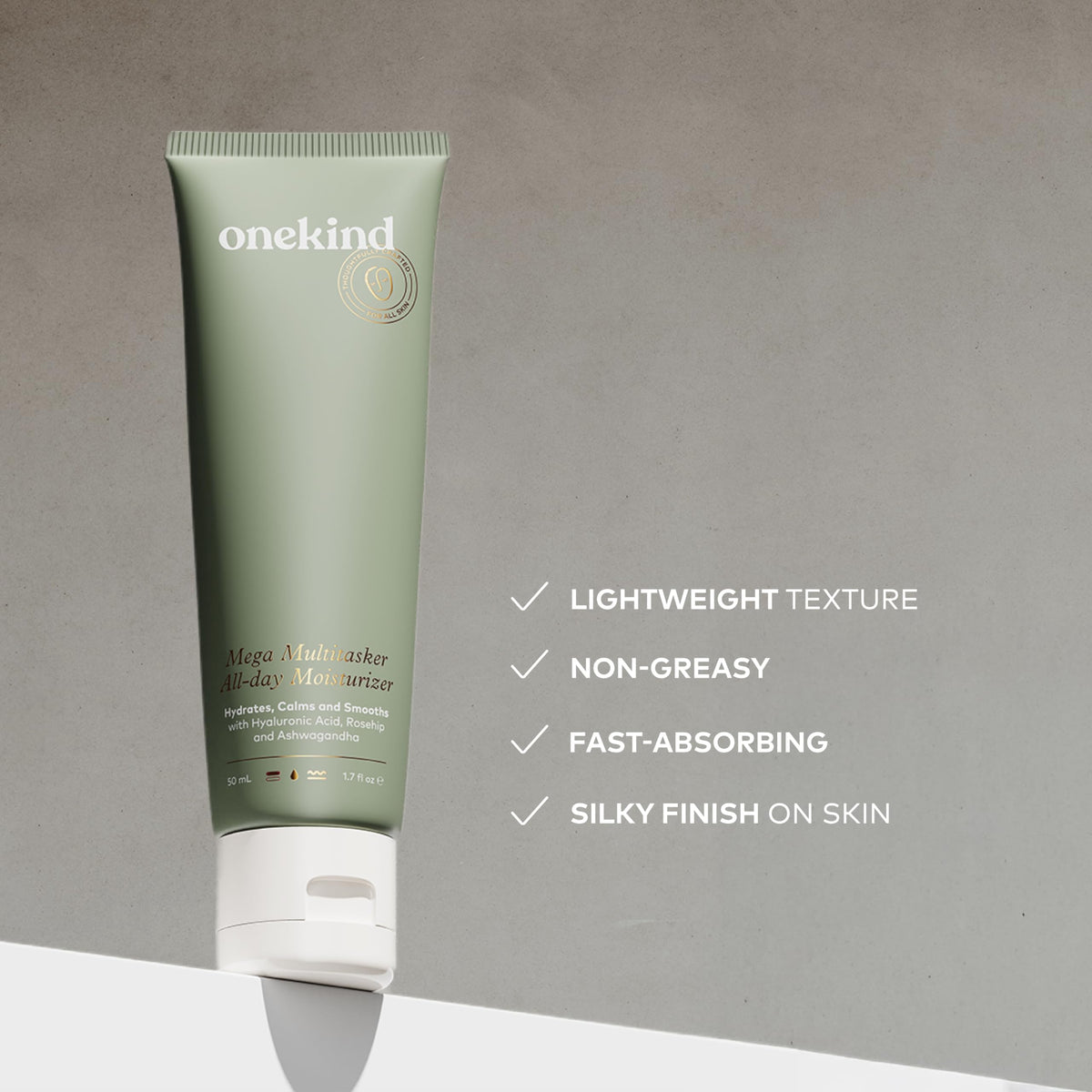 Onekind Mega Multitasker texture on skin demonstrates fast-absorbing satin finish.