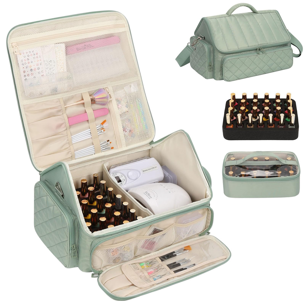 Onemoky Nail Polish Organizer exterior green; durable travel-ready case.