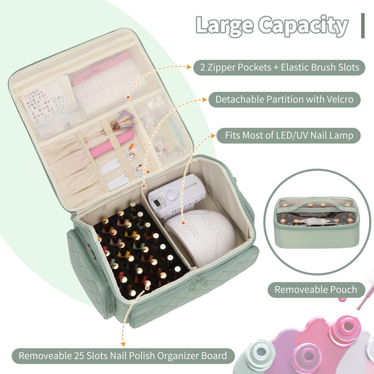 Onemoky Nail Polish Organizer interior pockets for efficient bottle arrangement.