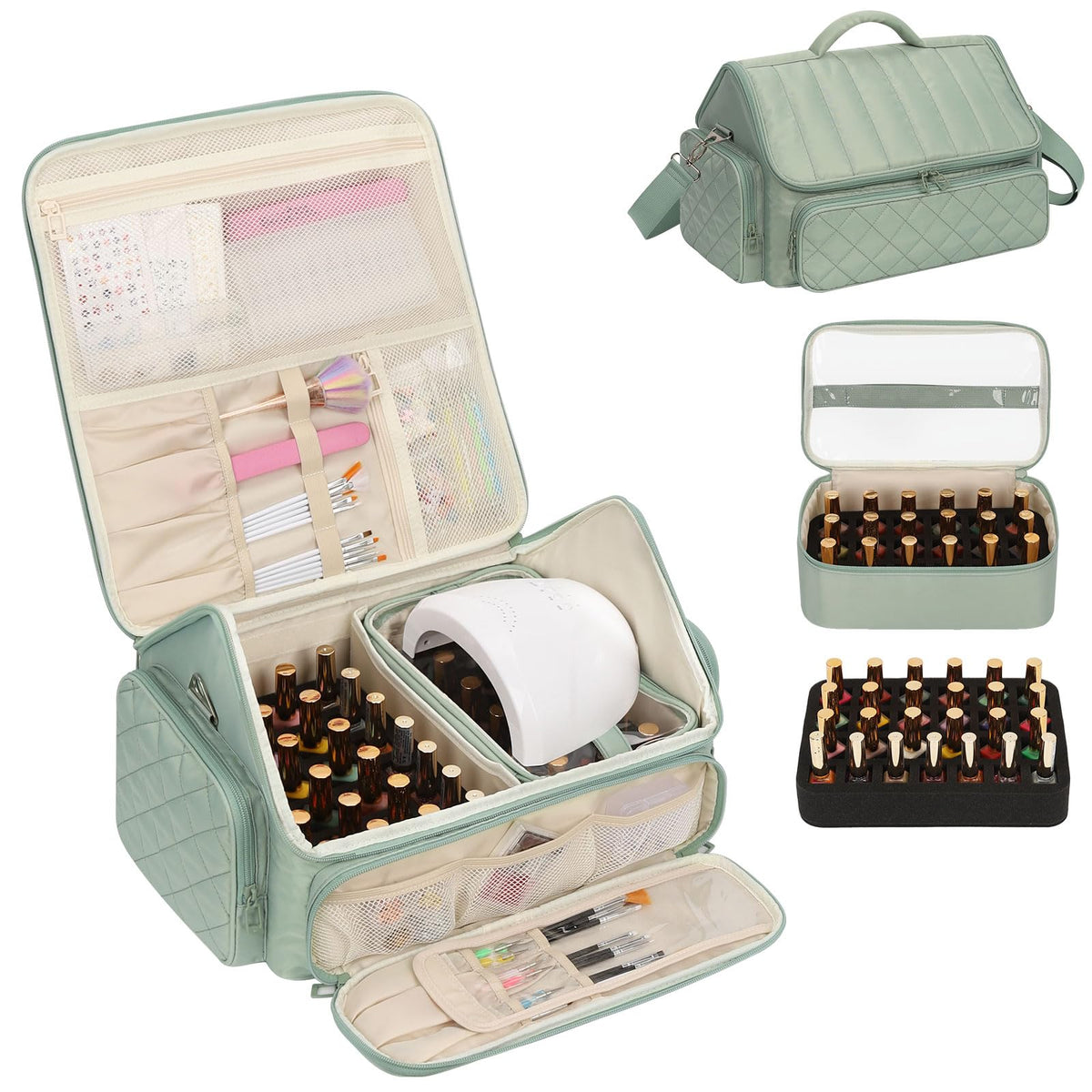 Onemoky Nail Polish Organizer travel-ready with handle and strap.