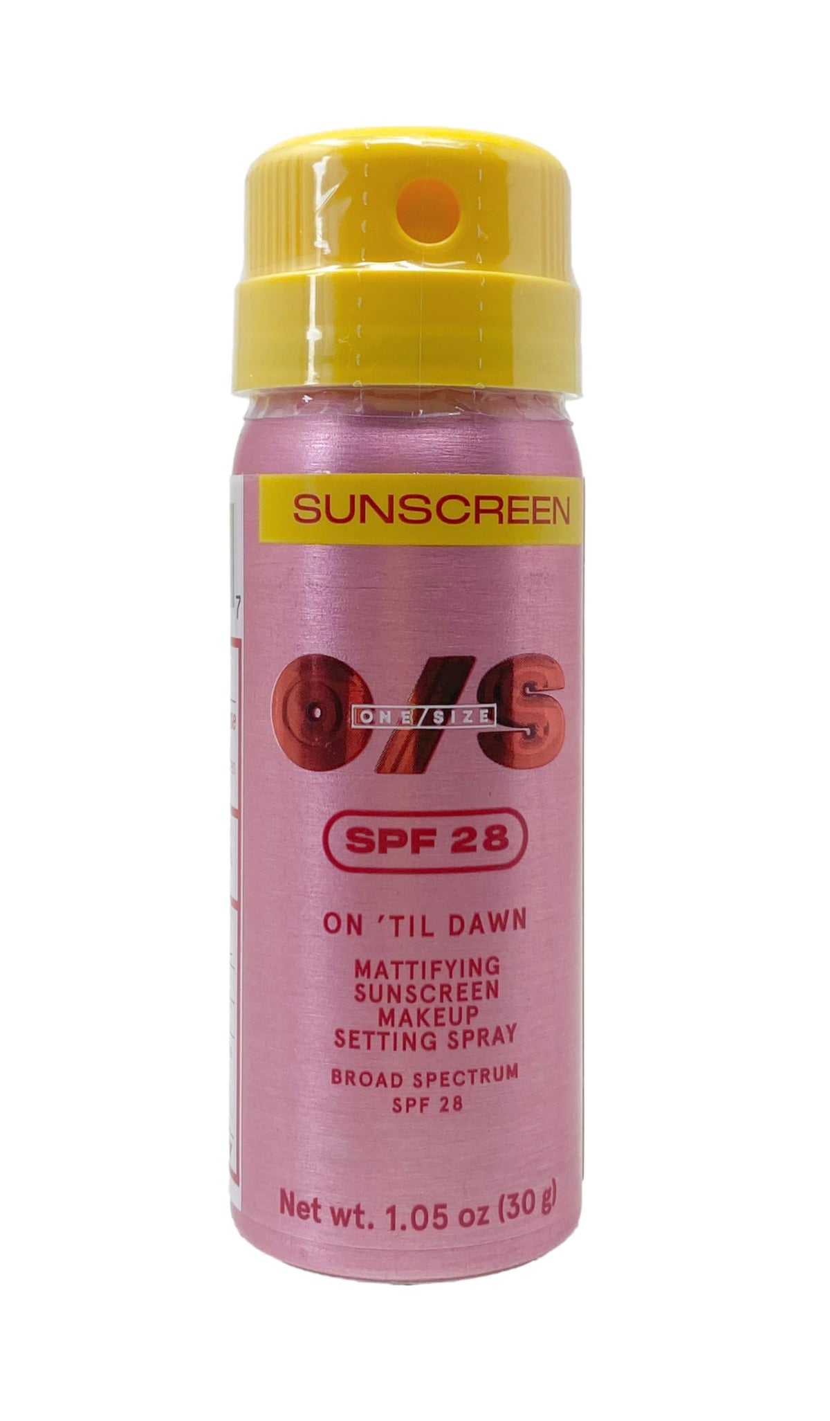 One/Size On 'Til Dawn mattifying setting spray travel size bottle with SPF 28 for lasting makeup hold