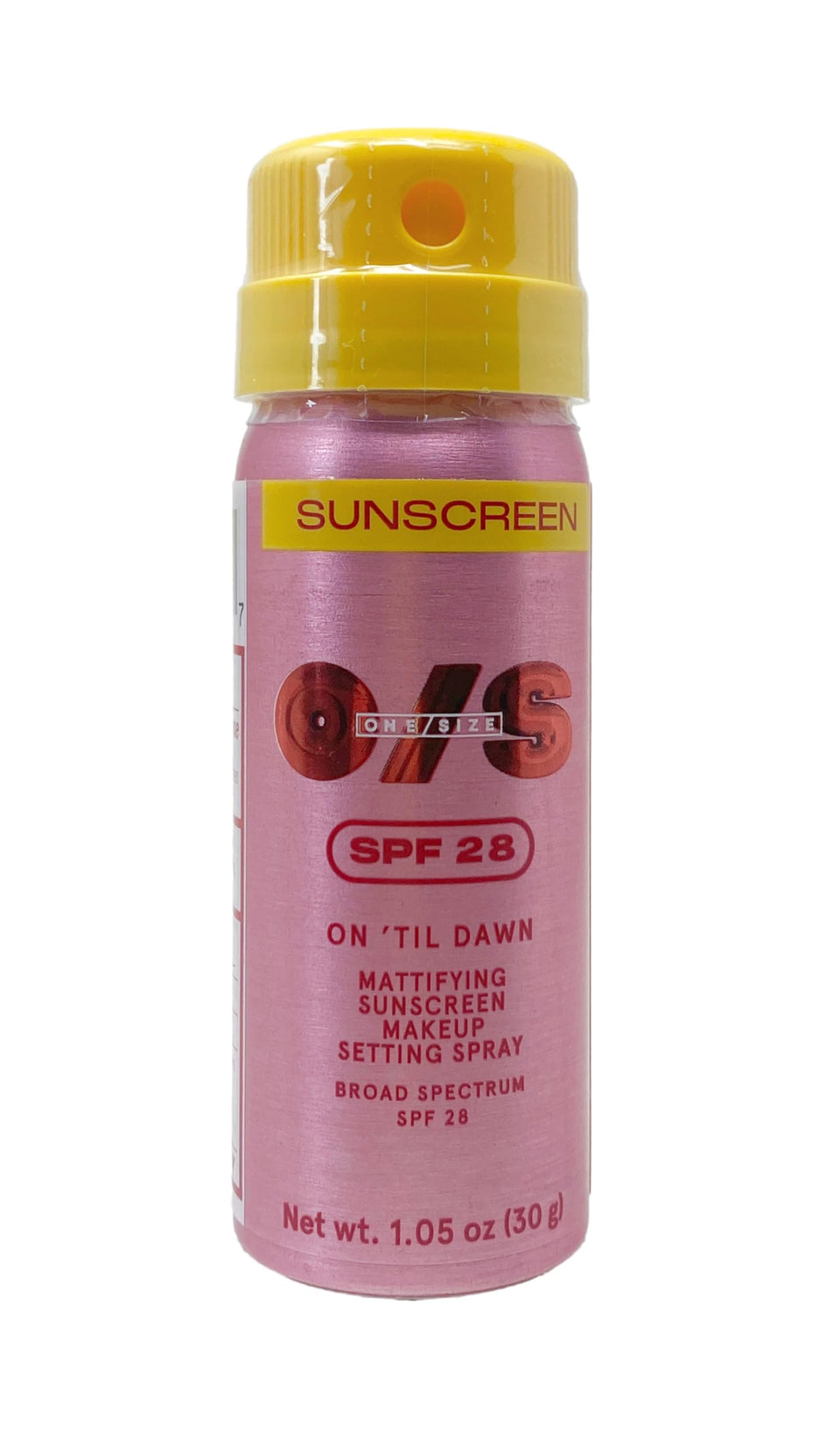 One/Size On 'Til Dawn mattifying setting spray travel size bottle with SPF 28 for lasting makeup hold