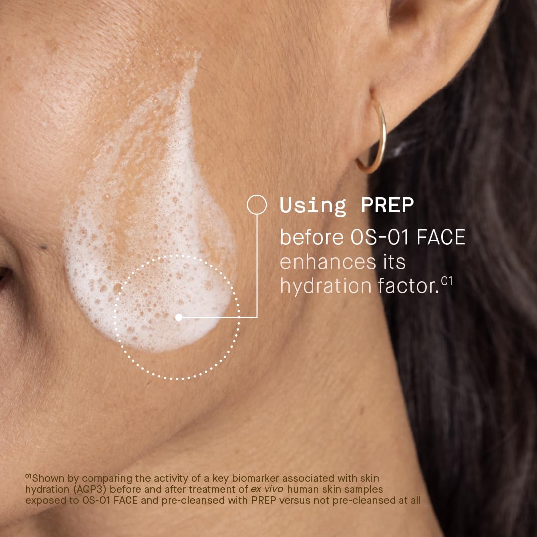 oneskin PREP cleanser applying on damp skin with circular massage forming foam.