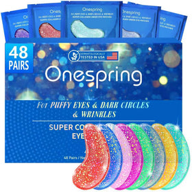 Onespring Eye Masks patches applied under eyes for cooling hydration.