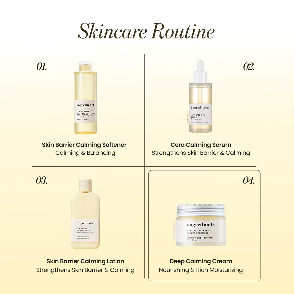 Fragrance-free ONGREDIENTS Deep Calming Cream packaging signals a gentle daily moisturizer.