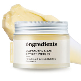 ONGREDIENTS Deep Calming Cream jar shows rich, fragrance-free hydration supporting the skin barrier.