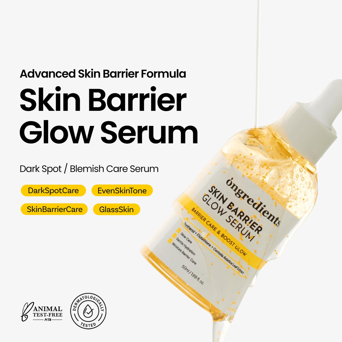 ONGREDIENTS Skin Barrier Glow Serum swatch shows silky texture for smooth absorption