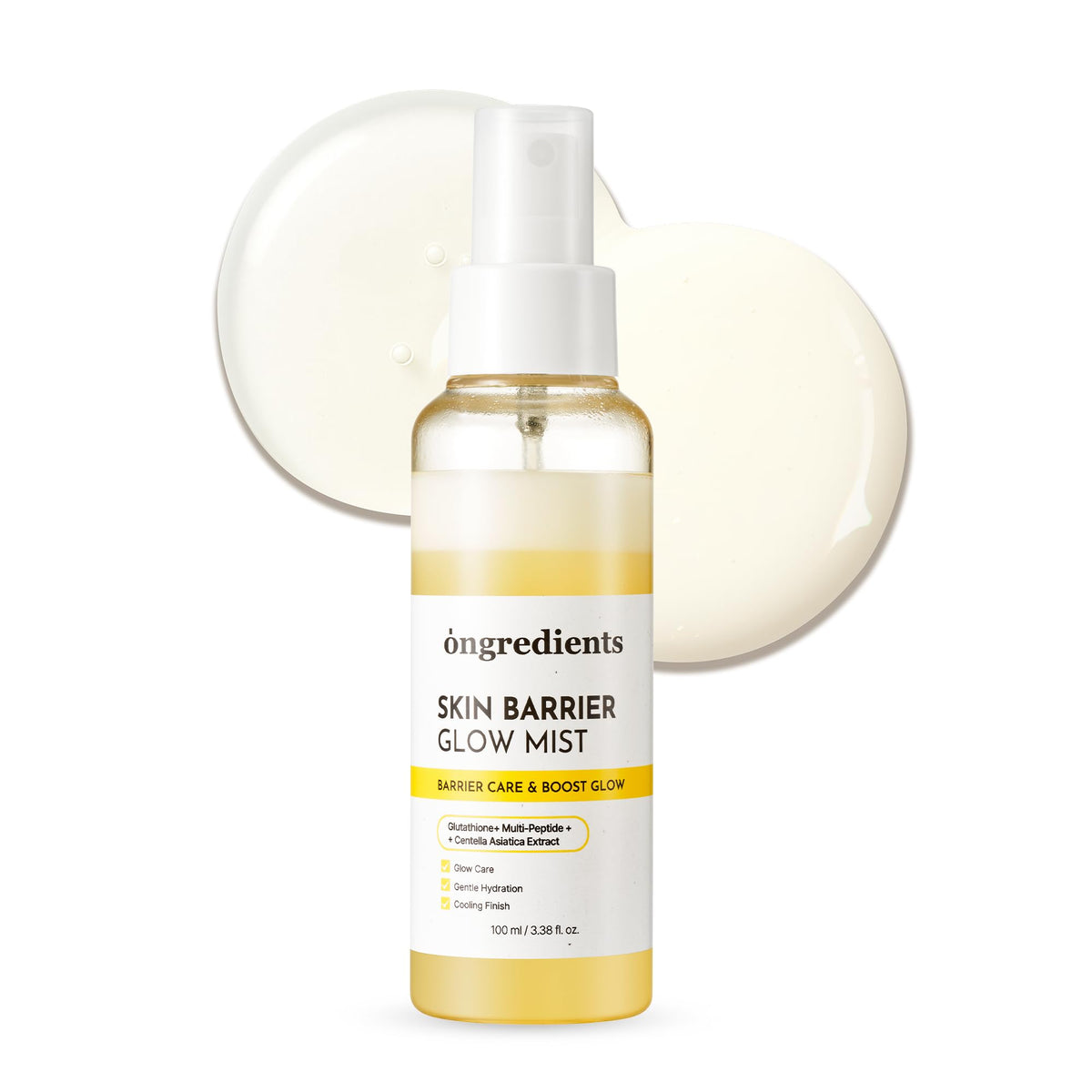 ONGREDIENTS Skin Barrier Glow Mist bottle highlights dual-layer hydration for a calm, radiant complexion.