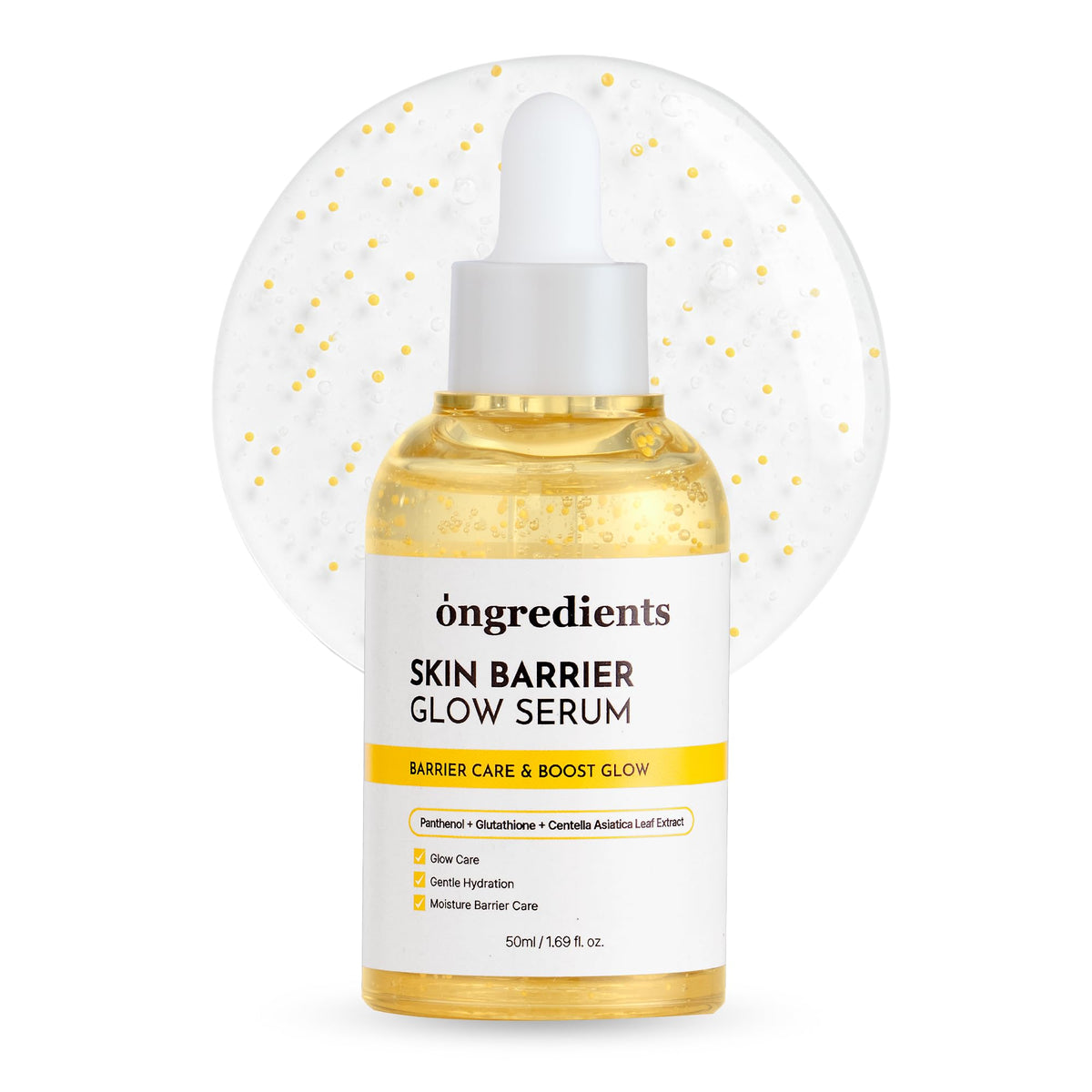 ONGREDIENTS Skin Barrier Glow Serum bottle on display highlights premium design and glow potential