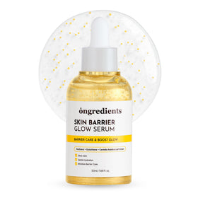 ONGREDIENTS Skin Barrier Glow Serum bottle on display highlights premium design and glow potential