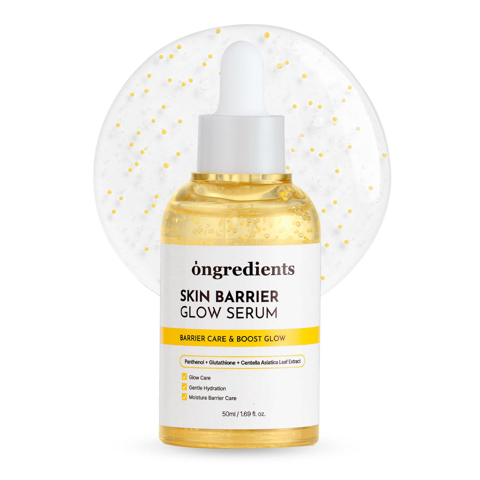 ONGREDIENTS Skin Barrier Glow Serum bottle on display highlights premium design and glow potential