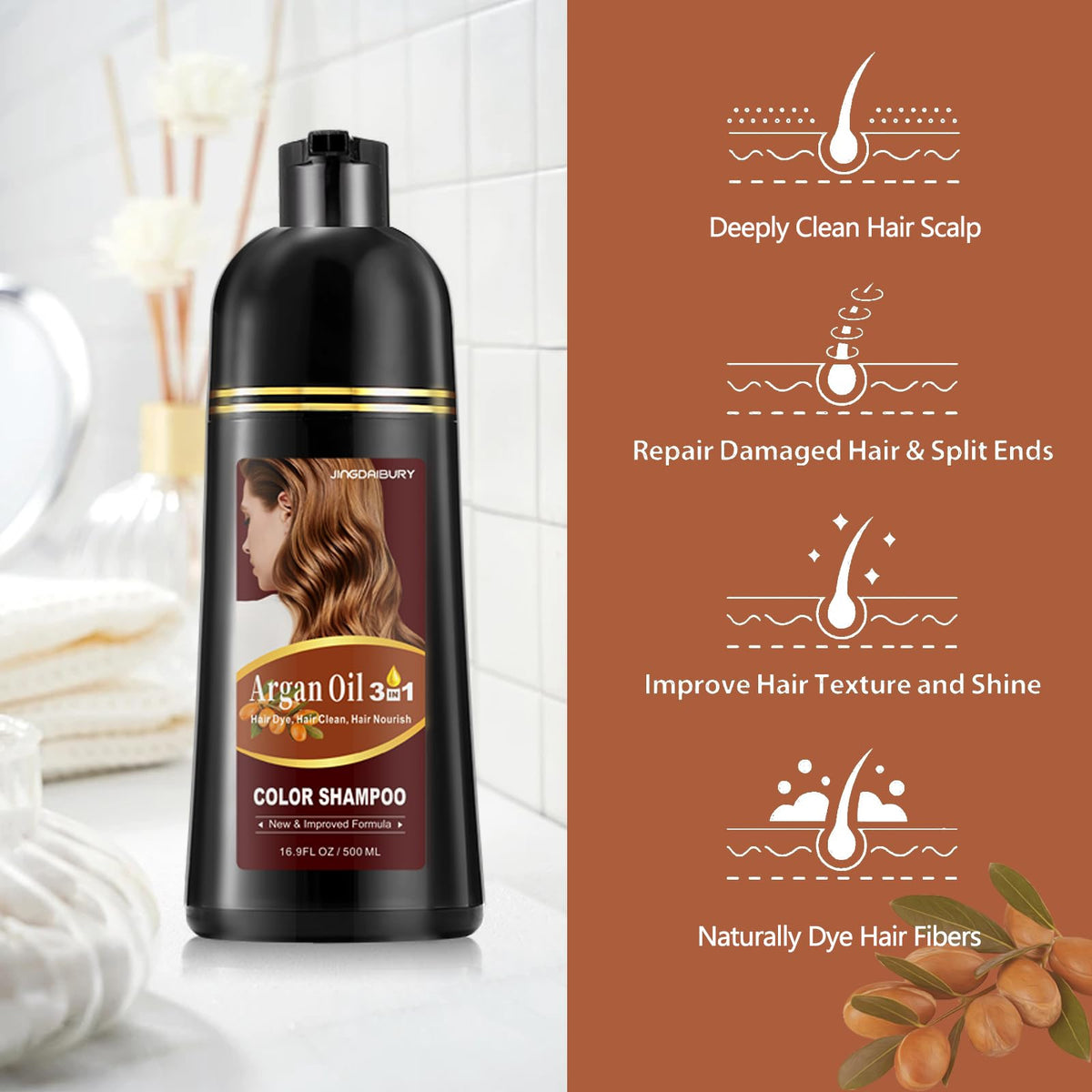 Argan oil formula highlight: Onilyua hair dye shampoo bottle close-up emphasizes nourishing oil.