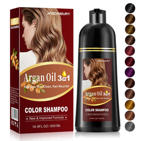 Onilyua black hair dye shampoo bottle demonstrates 3-in-1 color and cleanse.