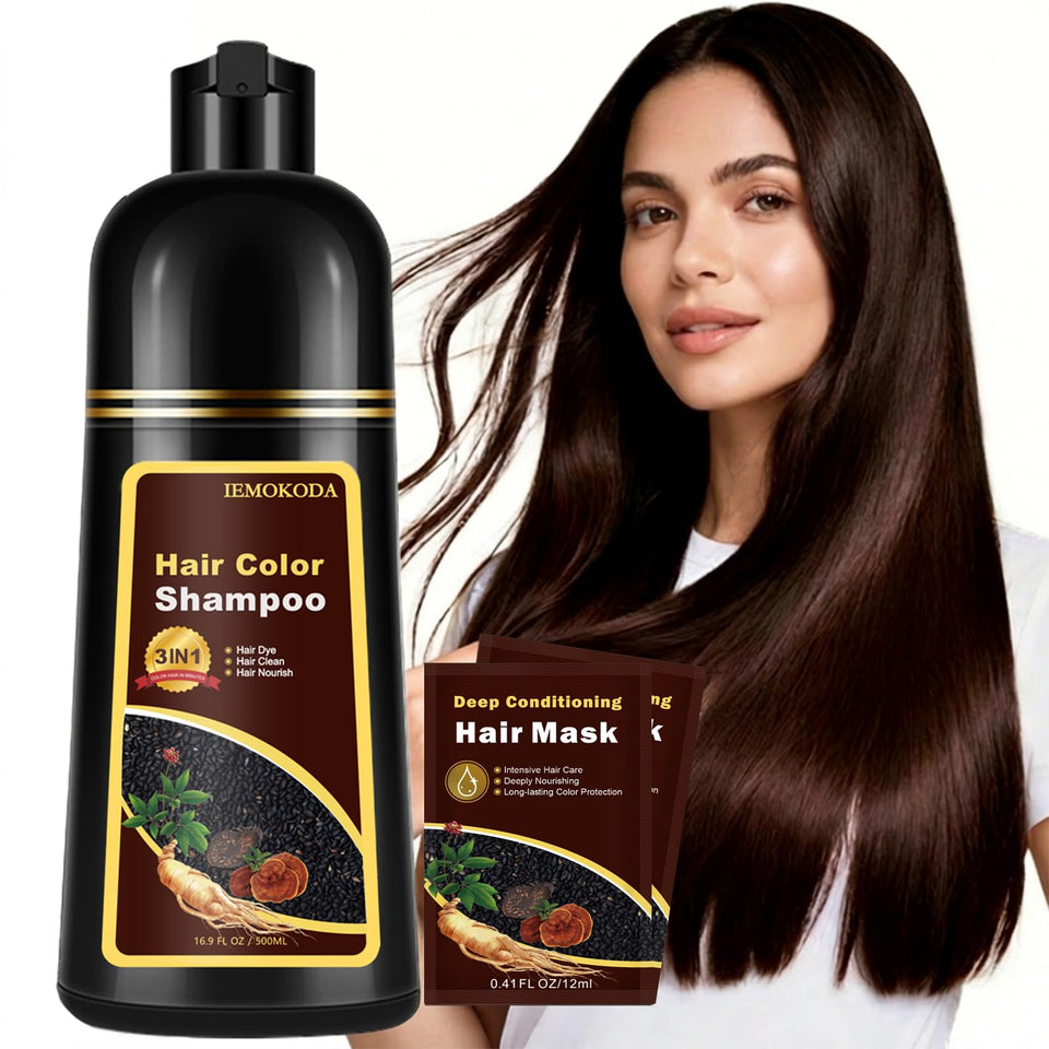 Onilyua dark brown hair dye shampoo bottle shows easy 3-in-1 color and conditioning