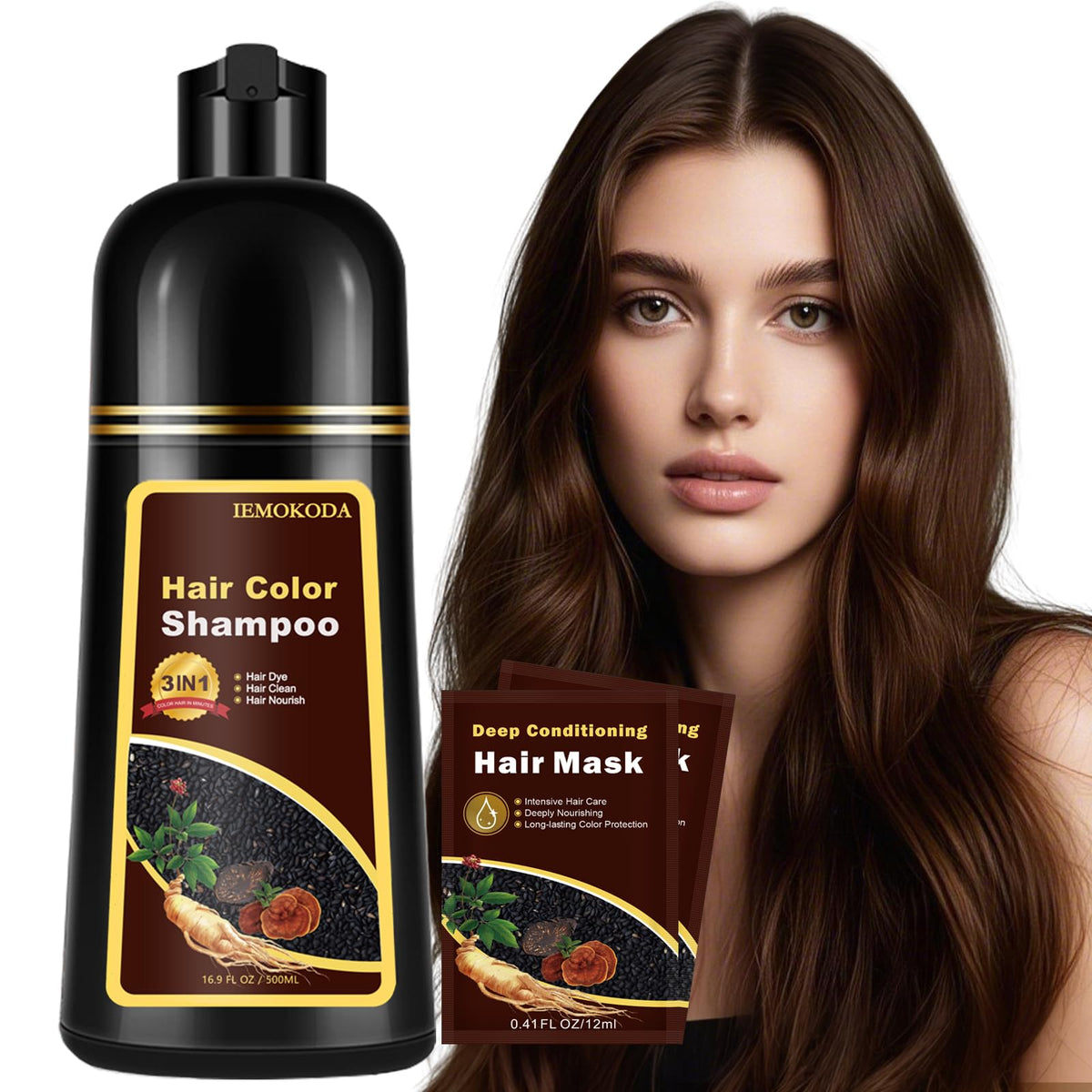 Onilyua Dark Coffee hair dye shampoo bottle showing quick, even color application.