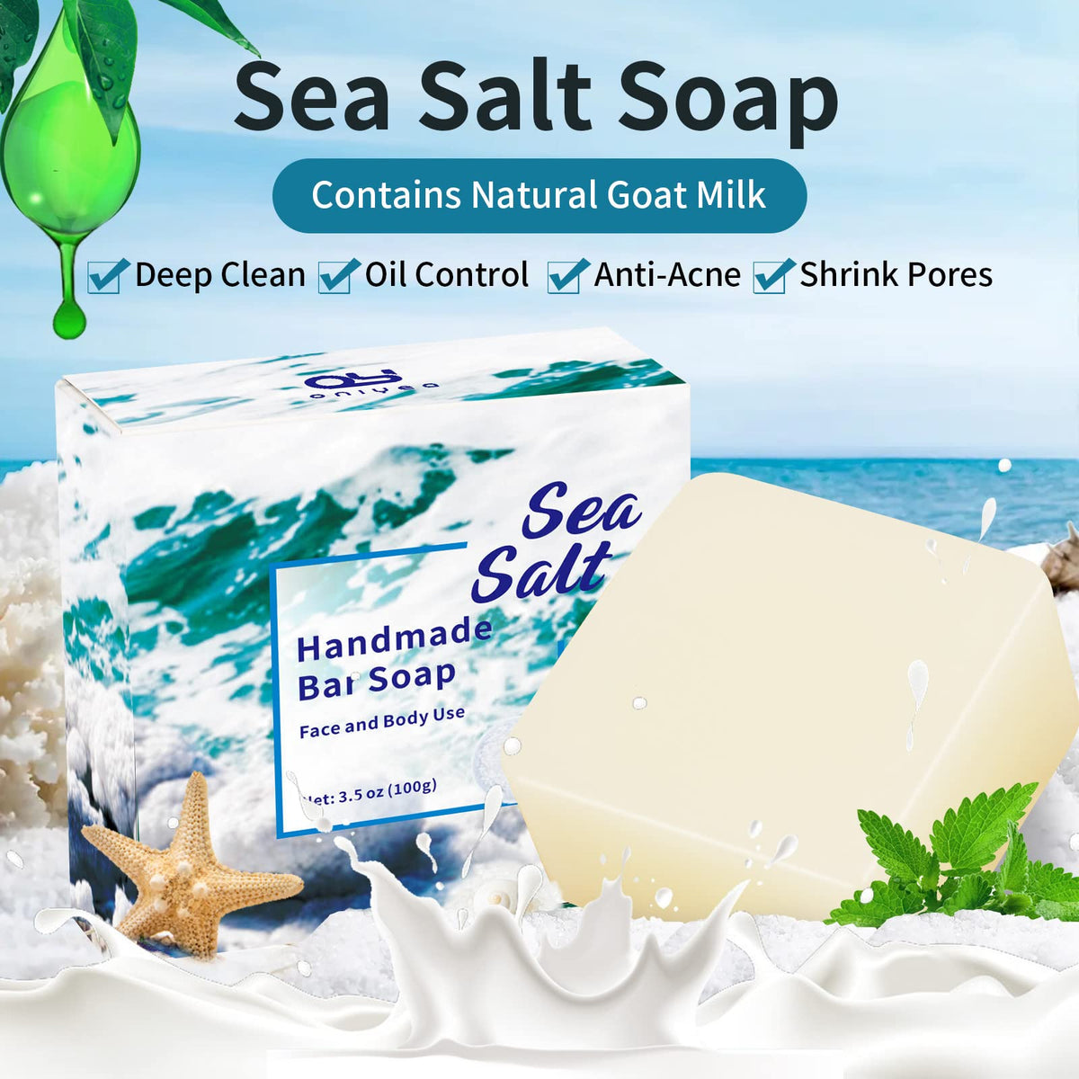 ONIYEA exfoliating sea salt texture on soap surface.