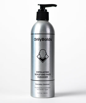OnlyBalds exfoliating scalp and face cleanser bottle pour for easy daily cleansing.