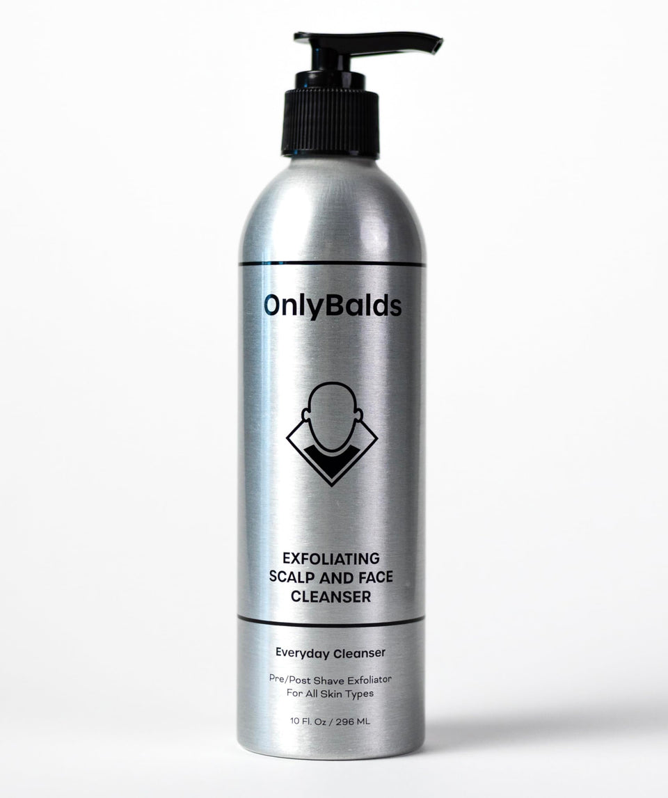 OnlyBalds exfoliating scalp and face cleanser bottle pour for easy daily cleansing.
