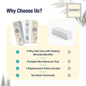 Onsen Secret patented grit technology buffs nails without thinning or cracking.