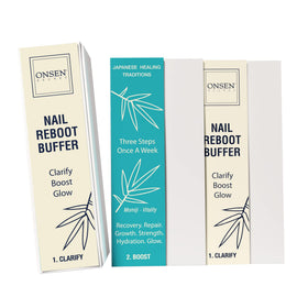 Onsen Secret professional nail buffer block showing four-sided design for gentle buffing.