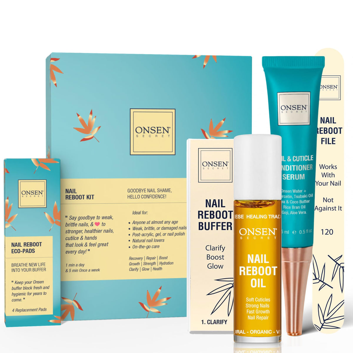 Onsen Secret complete nail reboot kit packaging for convenient at-home nail care.
