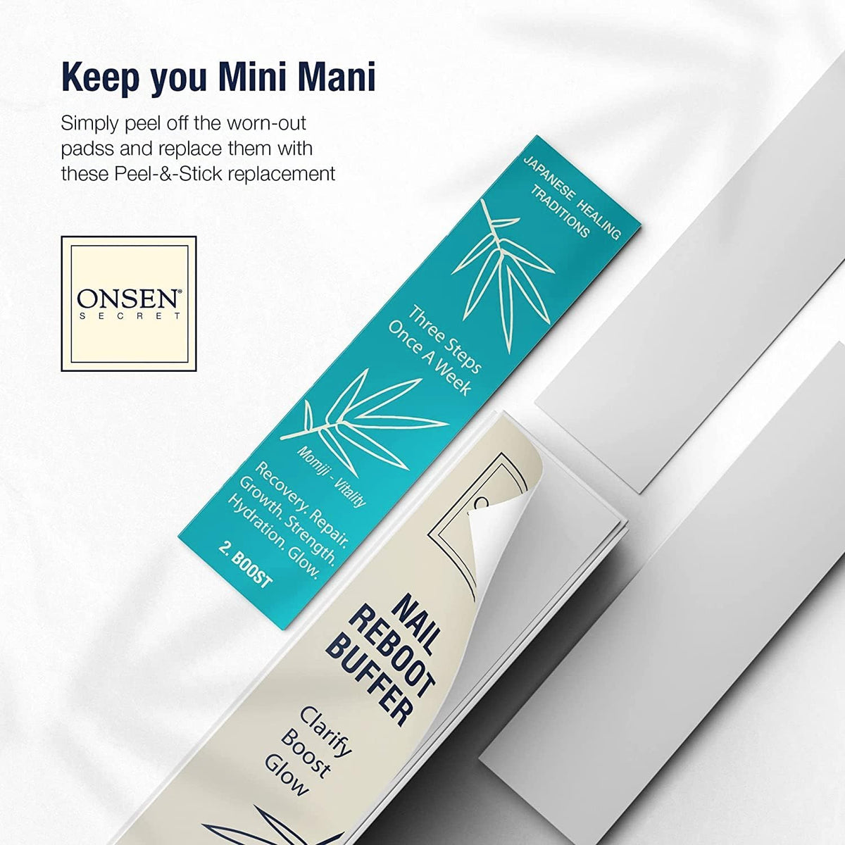 Onsen Secret peel-and-stick pads ready for easy on-the-go maintenance