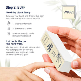Onsen Secret nail file 120/180 grit for gentle shaping.