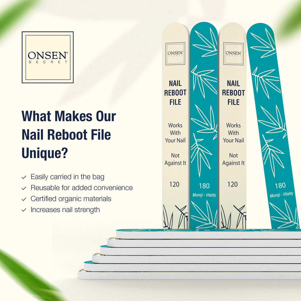Onsen Secret Pocket-size nail files fit in a bag for travel touch-ups.