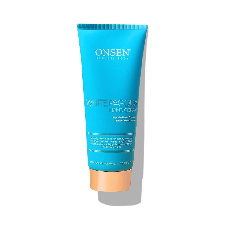 Onsen Secret White Pagoda Hand Cream bottle showing premium hydration and care