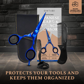 Midnight blue Ontaki scissors resting on a dresser for a premium setup.