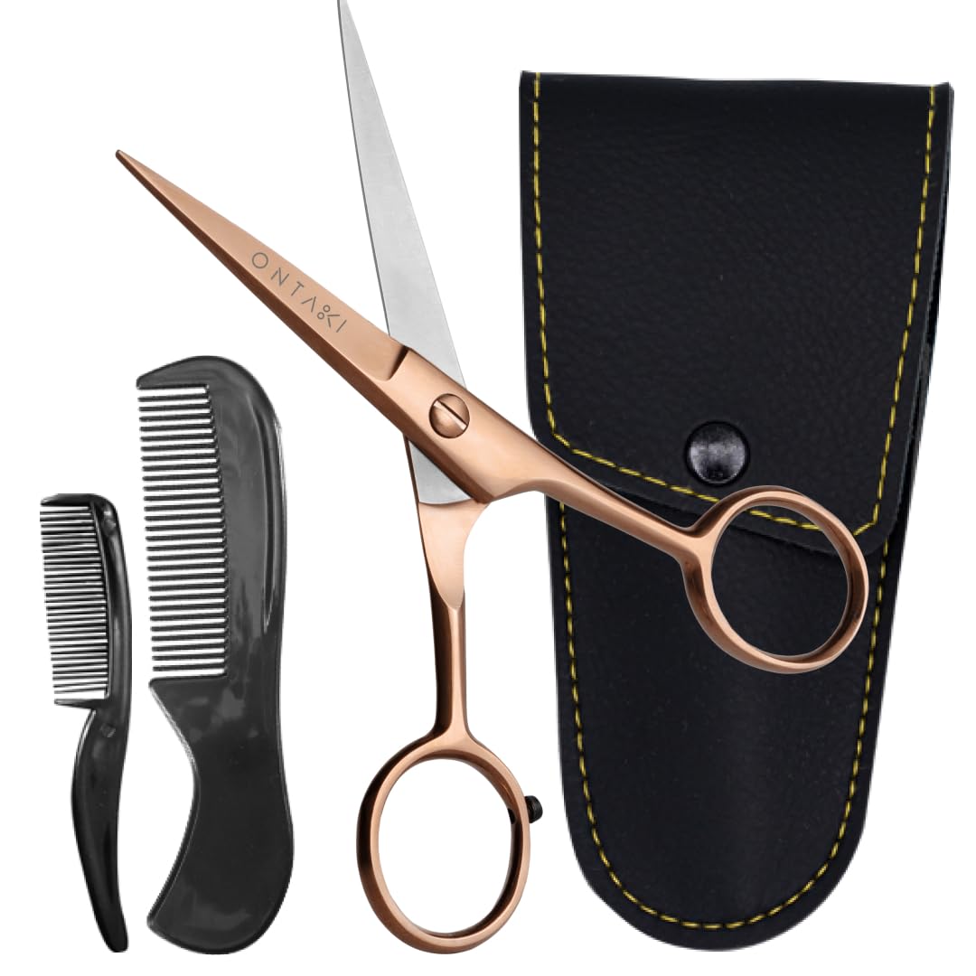 Ontaki beard scissors rose gold 5inch close-up for precise trimming and confident grooming.