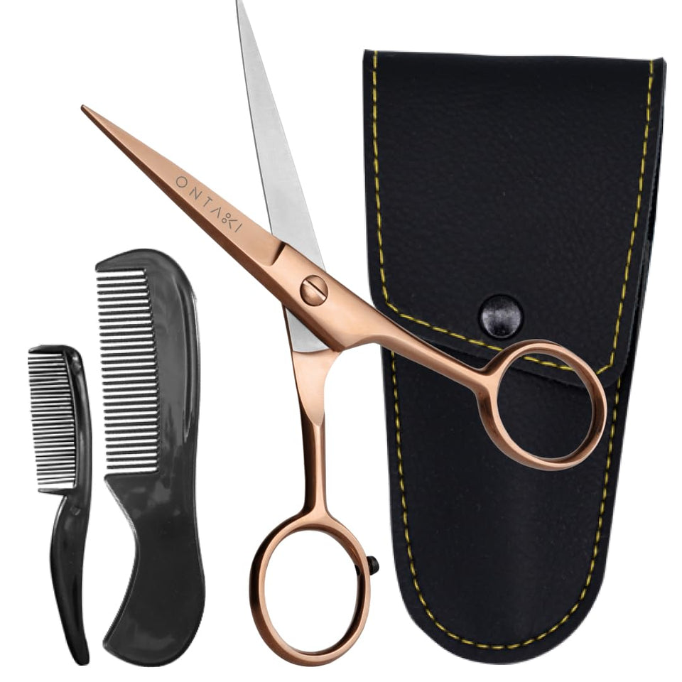 Ontaki beard scissors rose gold 5inch close-up for precise trimming and confident grooming.