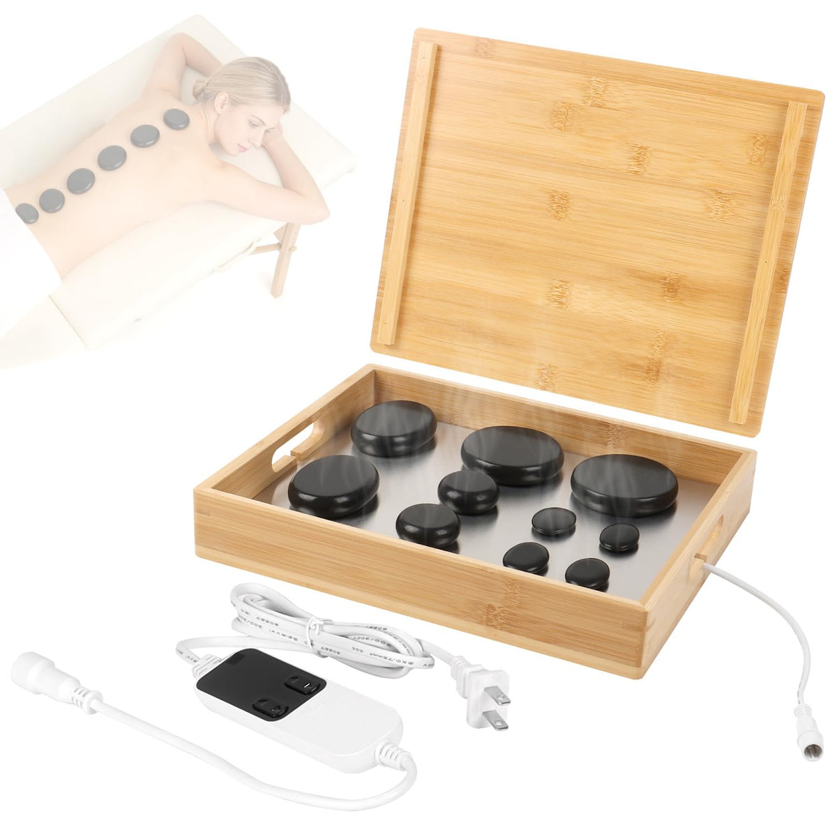 OnVisit bamboo tray heater with polished basalt stones for quick spa-ready warmth