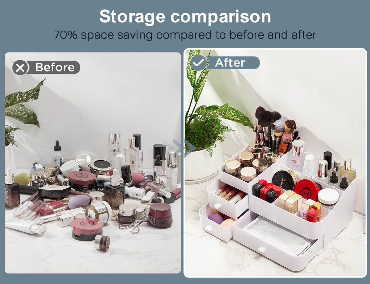 ONXE makeup organizer on countertop displaying organized cosmetics and brushes