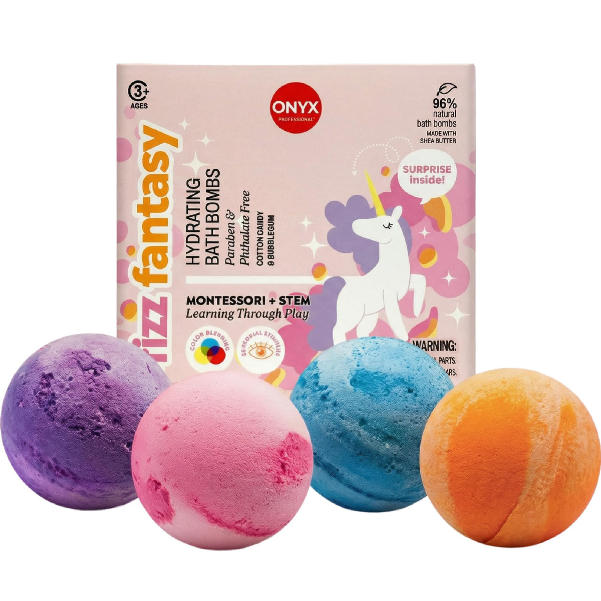 Onyx Professional Fizz Fantasy Unicorn Bath Bombs swirl colors in the tub with cotton candy scent.